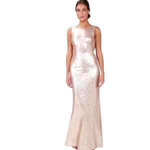 LULUS Women’s Slink Rose Gold Drape Back Full Sequined Maxi Gown Dress